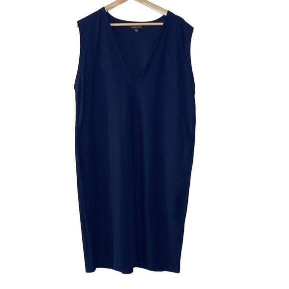 EILEEN‎ FISHER   WASHABLE STRETCH CREPE SLEEVELESS  NAVY BLUE  MIDI DRESS SIZE L - Picture 1 of 7